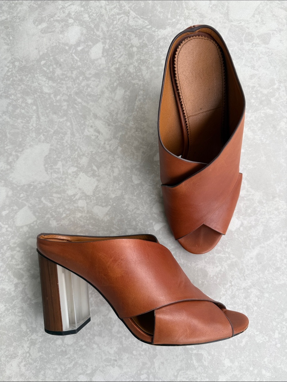 Franco Sarto Tan Crossover Open-Toe Block Heel w/ Acrylic Mules, Size 9